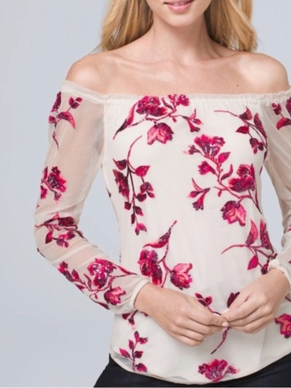 White House Black Market | Off- Shoulder Floral Embroidered Blouse